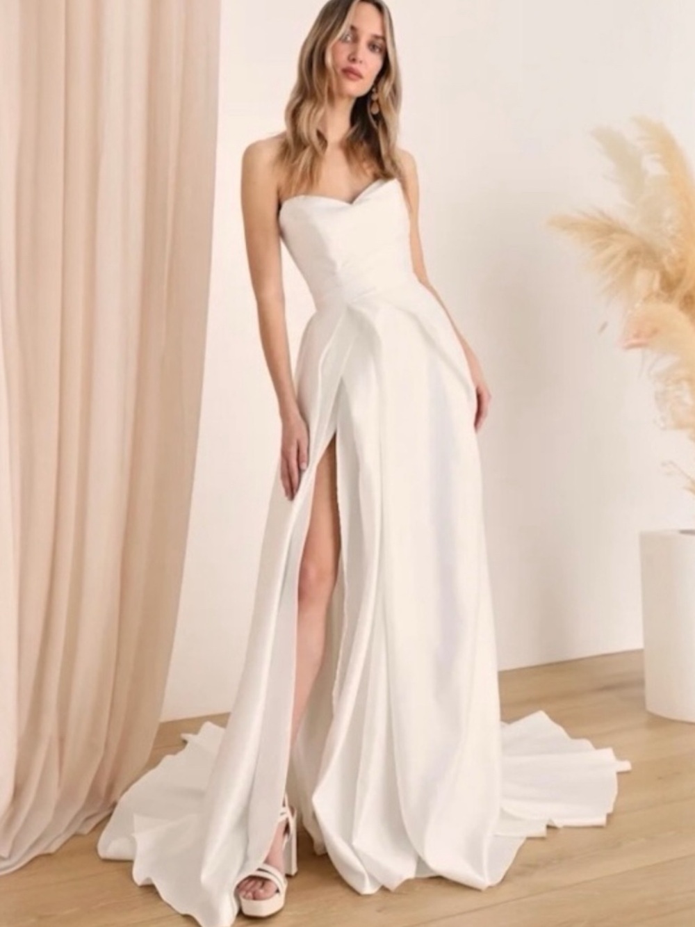Life time of Love Strapless White Evening Gown A line with Front Slit